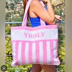Truly Beauty Pink & White Stripes Terrycloth Beach Bag Tote Poolside
